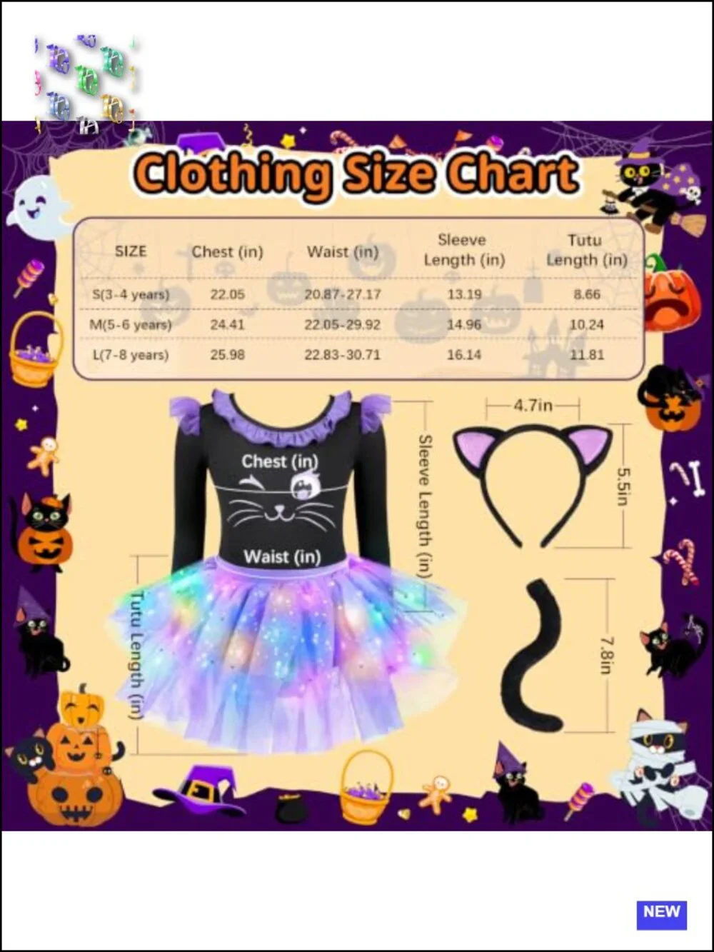 Light-Up Cat Costume for Girls, Halloween Kids Outfit with Tutu, Cat Ears & Tail
